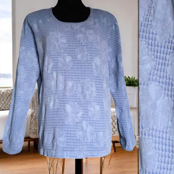 FOCUS ( LG ) Dusty Blue Distressed Knit Floral Long Sleeve Crew Neck Top - Picture 1 of 7